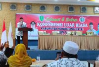 Ketua PGRI Kab. Mandailing Natal terpilih, Zulhamsyah, S.Pd.,M.Pd., memberikan kata sambutan di aula Hotel Rindang, Selasa (21/2/2023).