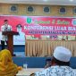 Ketua PGRI Kab. Mandailing Natal terpilih, Zulhamsyah, S.Pd.,M.Pd., memberikan kata sambutan di aula Hotel Rindang, Selasa (21/2/2023).