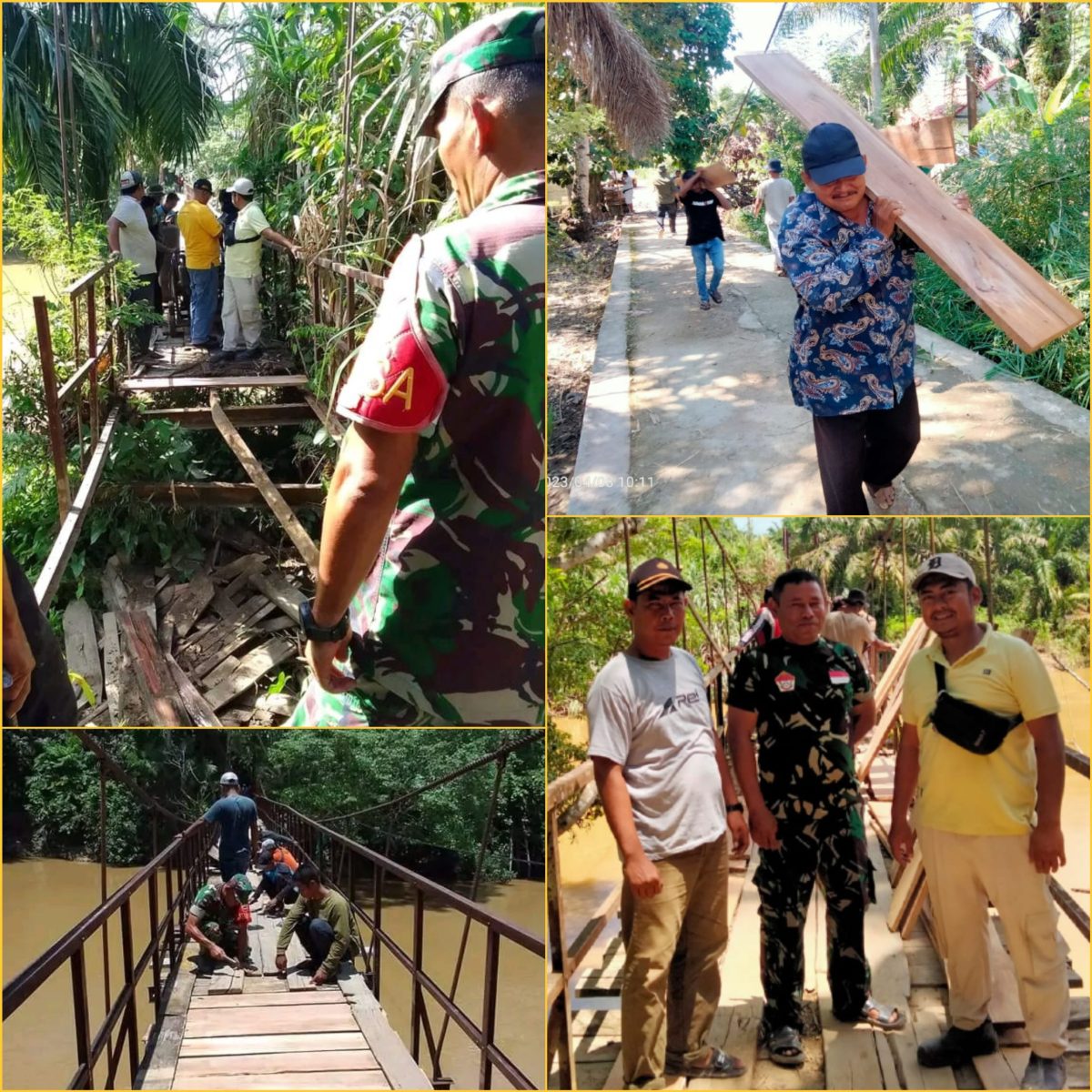 Gotong royong bersama untuk perbaikan jembatan penghubung antar desa ke pusat Kecamatan Batahan, Sabtu (8/4/2023).