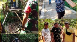 Gotong royong bersama untuk perbaikan jembatan penghubung antar desa ke pusat Kecamatan Batahan, Sabtu (8/4/2023).