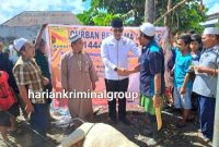 H. Saipullah Nasution, Ketua DPP IKANAS menyerahkan 1 ekor sapi kurban di salah satu daerah Kab. Madina, Kamis (29/6/2023).
