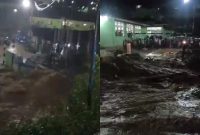 Kondisi jembatan diatas sungai Aek Singolot Desa Purba Baru saat arus deras meluap, Rabu (20/12/2023).