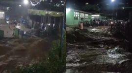 Kondisi jembatan diatas sungai Aek Singolot Desa Purba Baru saat arus deras meluap, Rabu (20/12/2023).