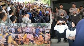 Aksi Guru Honorer yang tidak lulus P3K di Kabupaten Mandailing Natal saat unras di depan gedung DPRD Madina, Kantor Bupati dan Rumah Dinas Bupati, Rabu (27/12/2023). (ist)