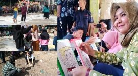Anak-anak sedang memainkan engrang, tamtam buku, kelereng dan Wakil Bupati Madina ikut mewarnai di Festival Permainan Leluhur Kec. Tambangan, Kamis (6/6/2024). [Foto: Joki Nasution]